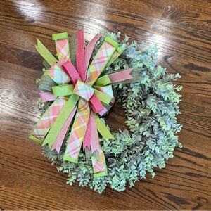 Pastel Boxwood Wreath with Pink & Lime Plaid Bow by